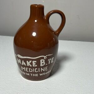 Vintage Brown Pottery Jug "Snake Bite Medicine" "Aged in The Woods"